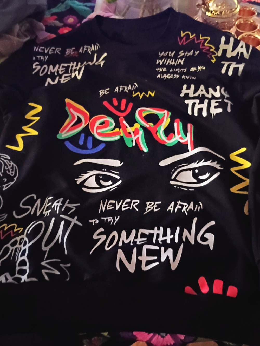 mark. Black Crewneck Sweater with Multicolor Graphic Graffiti Print- Street Wear
